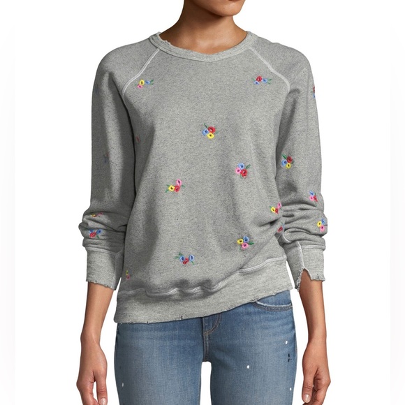 THE GREAT. Sweaters - The Great College Sweatshirt Floral Embroidered Crew Distressed Hem Gray size S